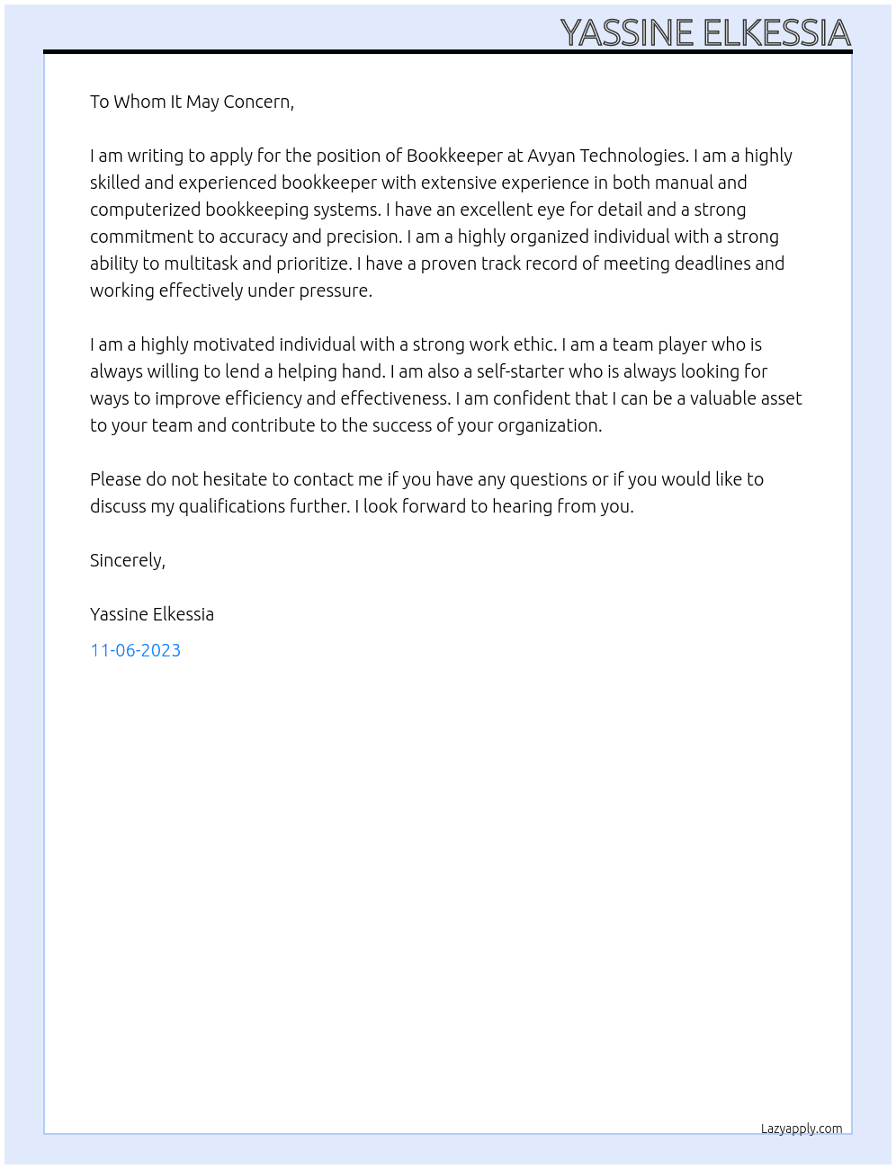 BOOKEPER At AVYAN TECHNOLOGIES  Cover Letter