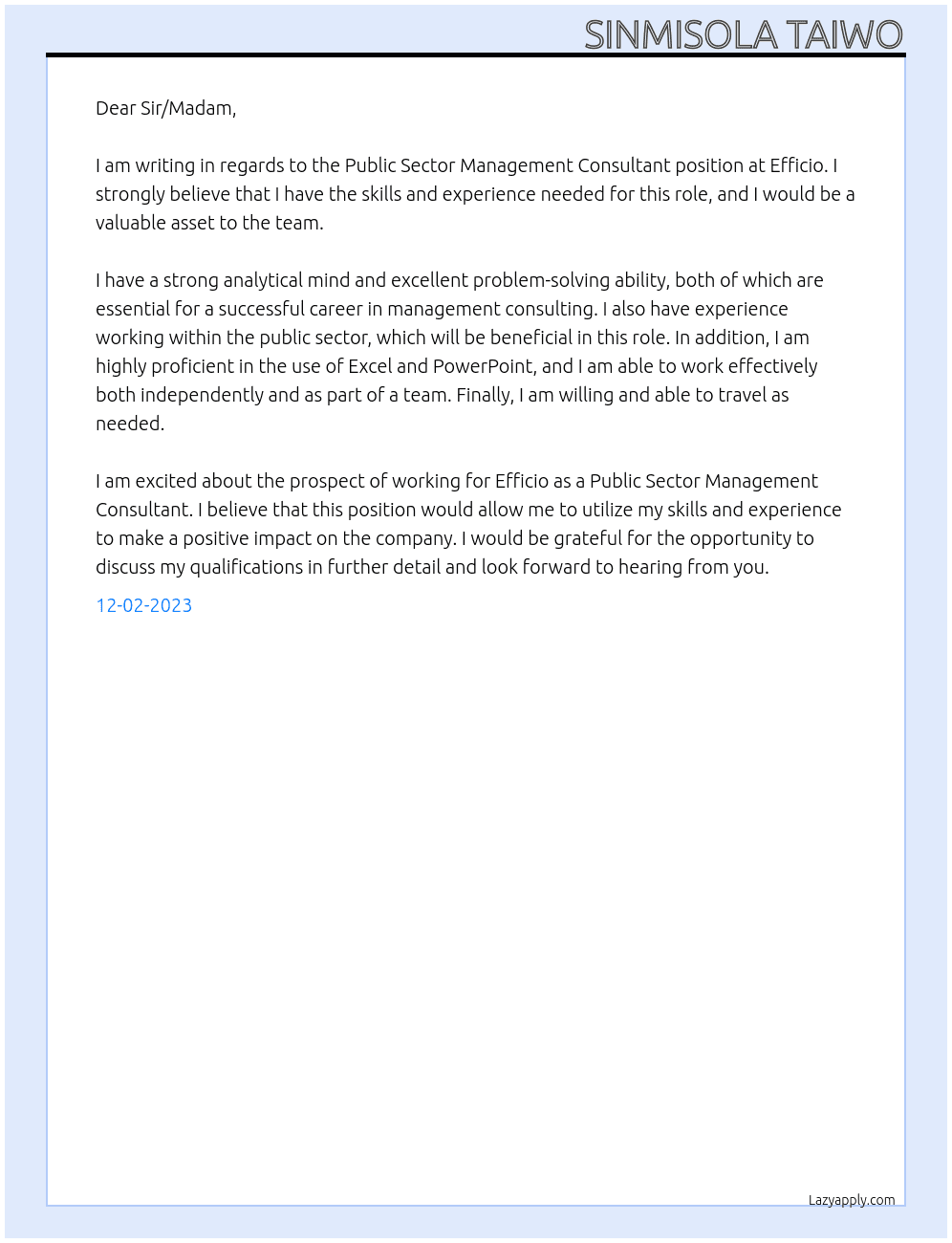 Public Sector Management Consultant At Efficio Cover Letter