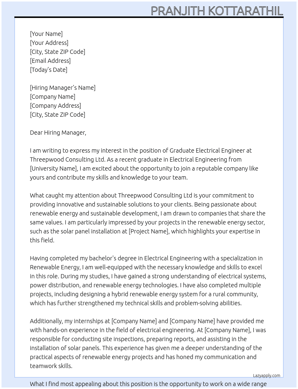 Graduate Electrical Engineer At Threepwood Consulting Ltd Cover Letter