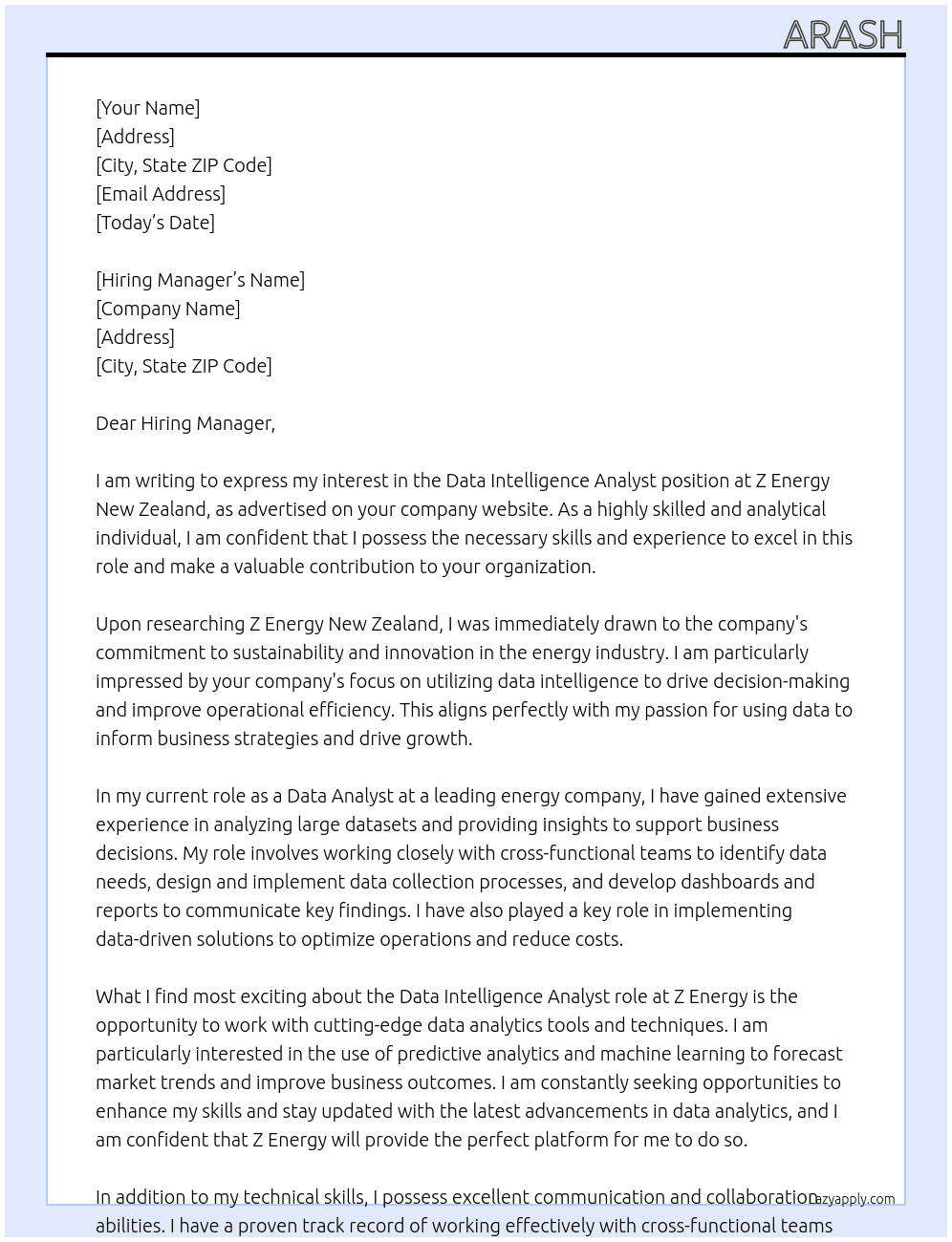 Data Intelligence Analyst At Z Energy New Zealand Cover Letter