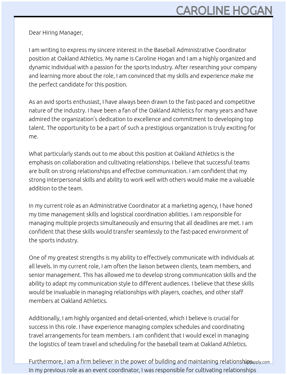 baseball administrative coordinator At Oakland Athletics Cover Letter