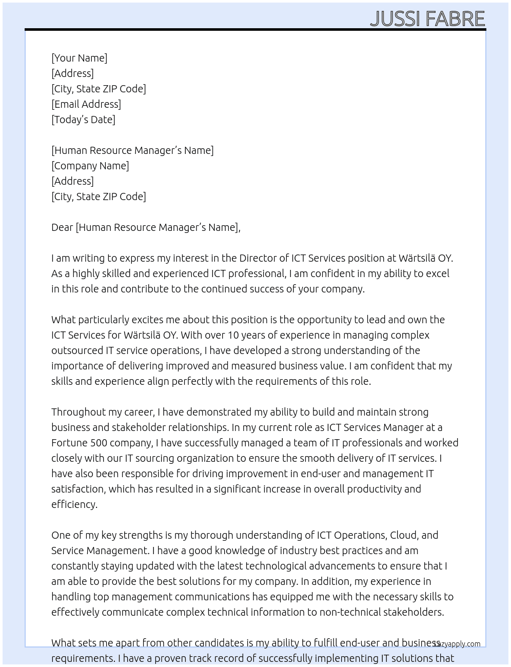Director, ICT Services At Wärtsilä OY Cover Letter