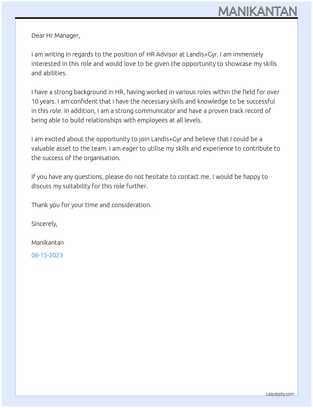 HR Advisor At  Landis+Gyr Cover Letter