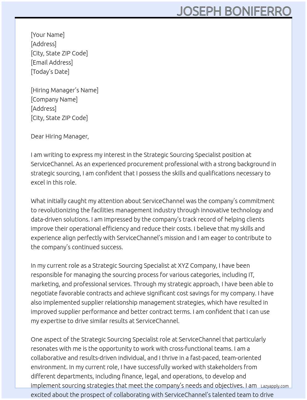 Strategic Sourcing Specialist At ServiceChannel Cover Letter