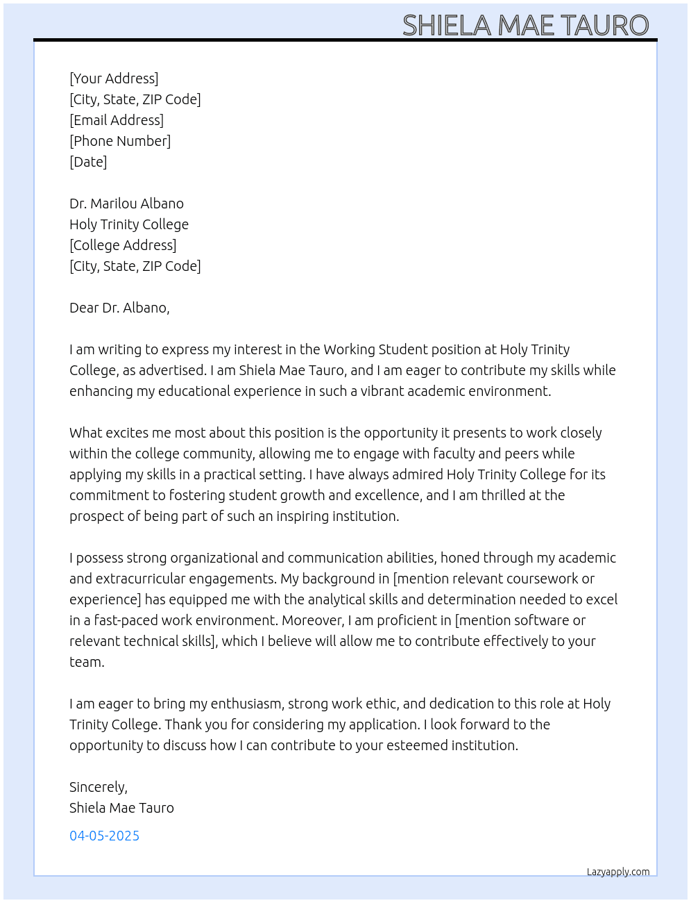 Working student At Holy Trinity college  Cover Letter