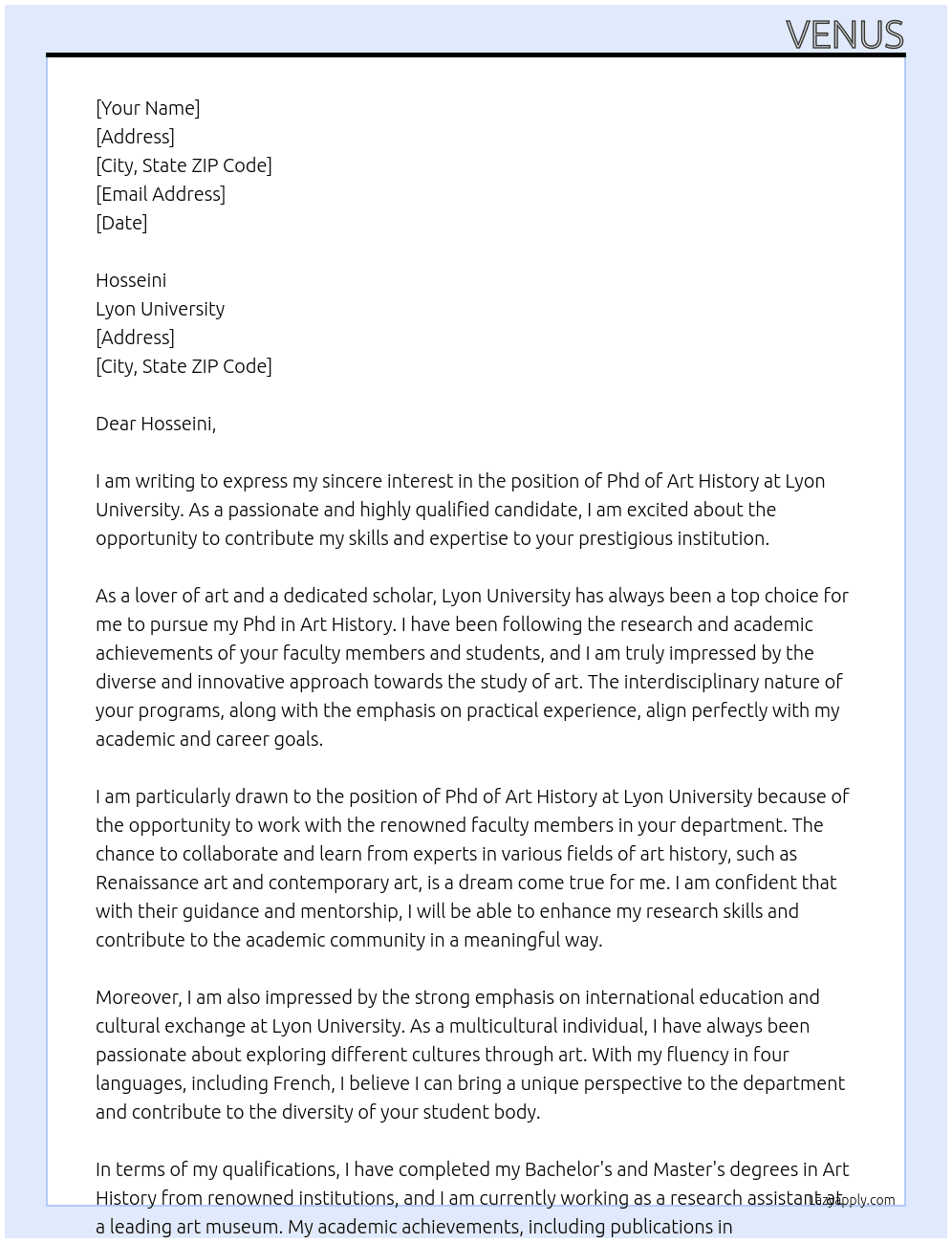 Phd of art history  At Lyon university  Cover Letter