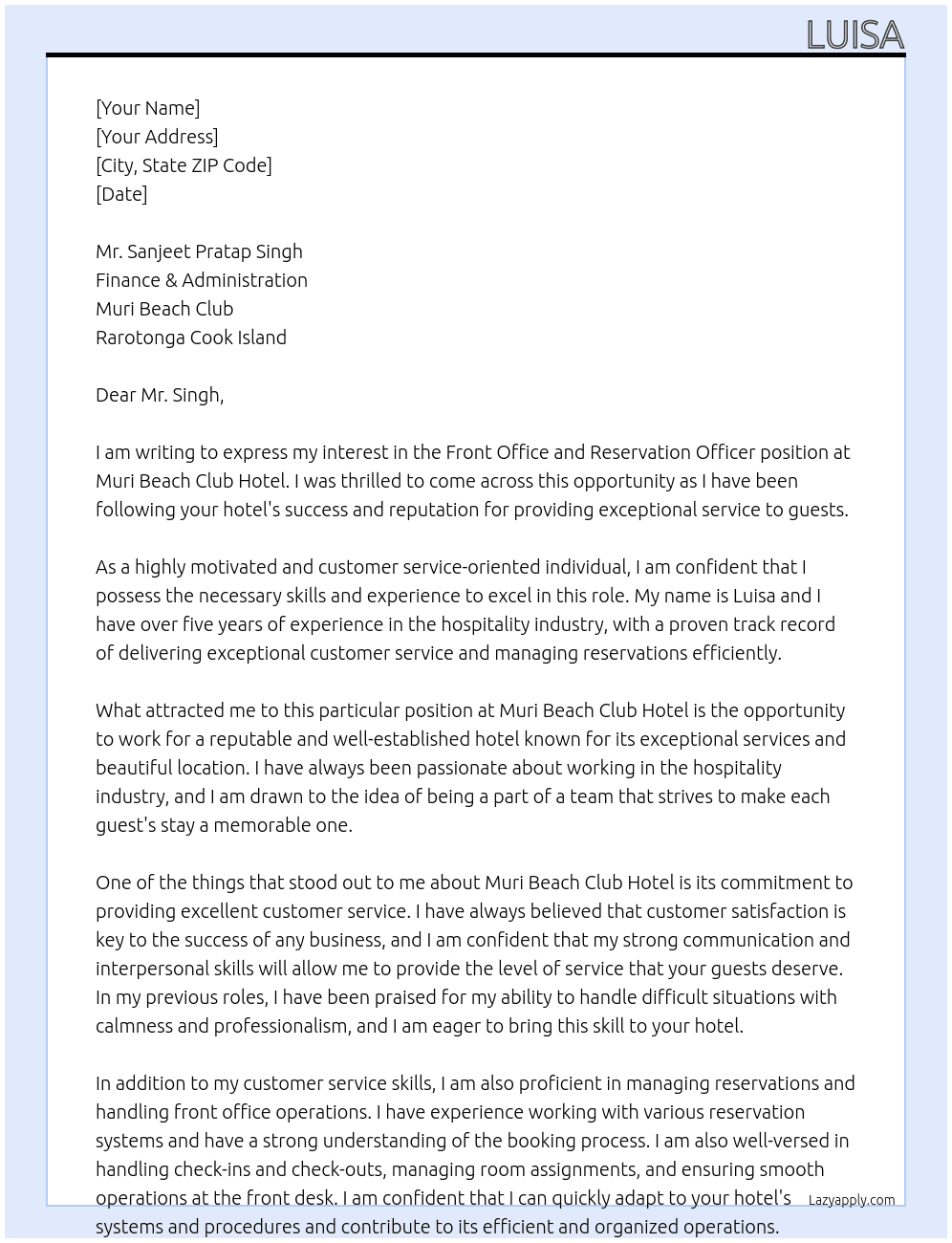 front office and reservation officer At muri beach club hotel Cover Letter