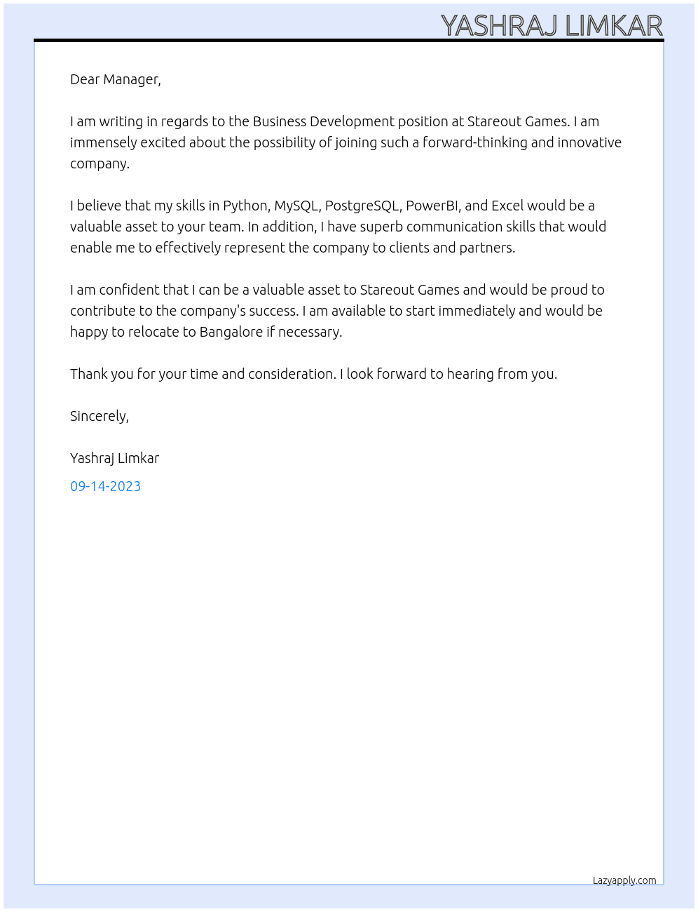 Business Development At Stareout Games Cover Letter