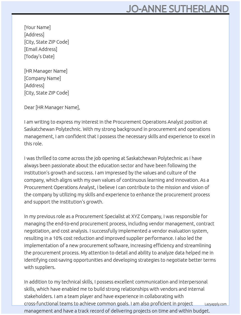 Procurement Operations Analyst At Saskatchewan Polytechnic Cover Letter