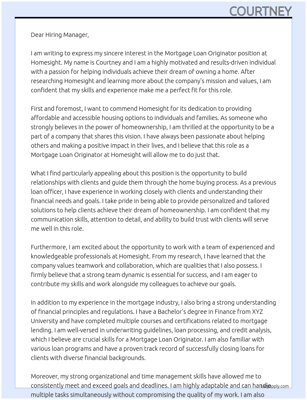 Mortgage Loan Originator  At Homesight Cover Letter