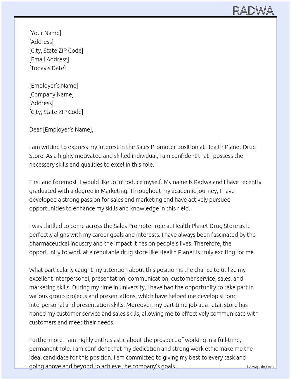 sales promoter At heath planet drug store  Cover Letter