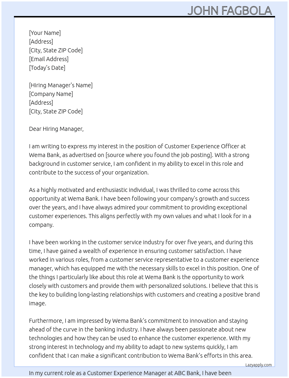 Customer experience officer  At Wema bank  Cover Letter