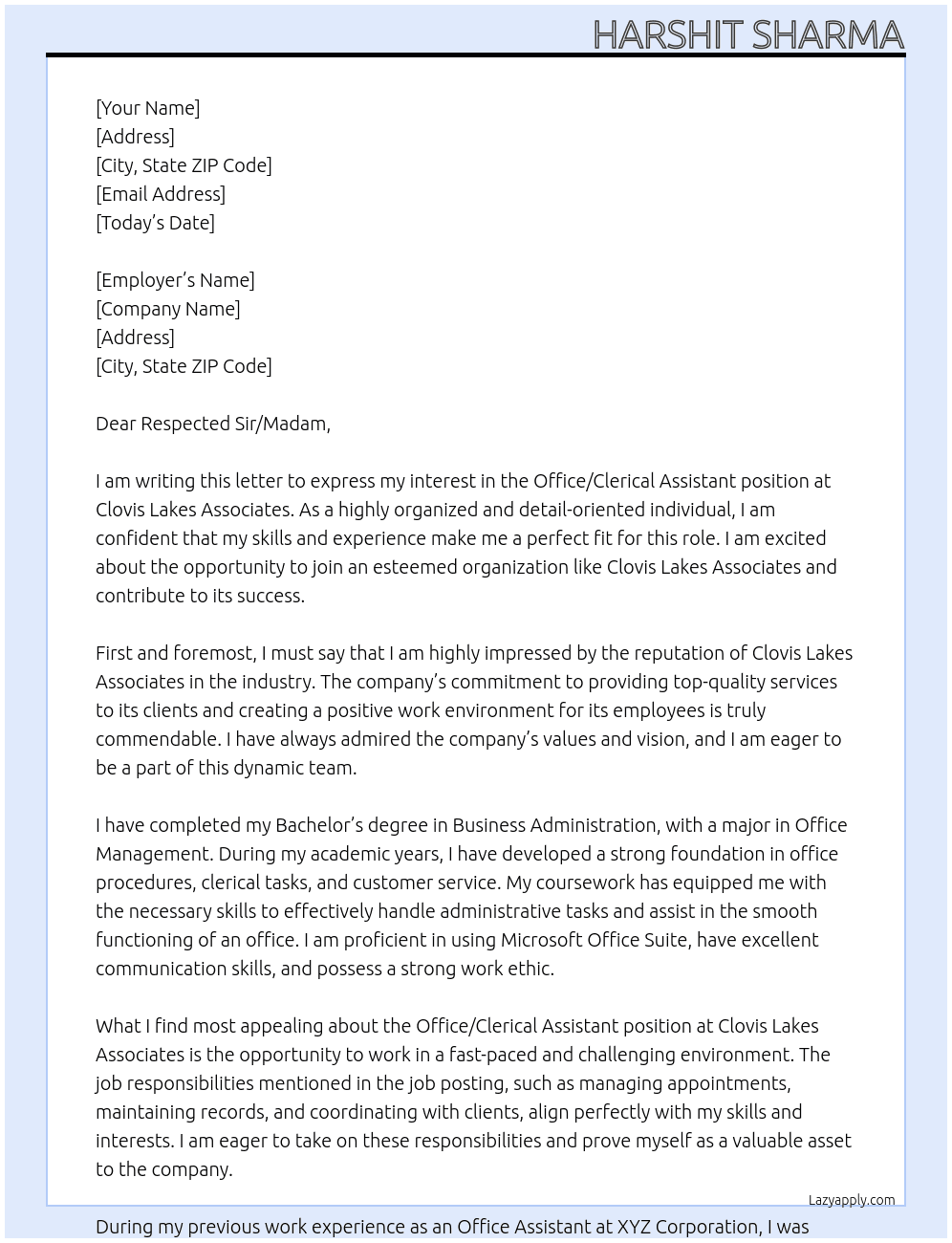 Office / Clerical Assistant At Clovis lakes Associates Cover Letter