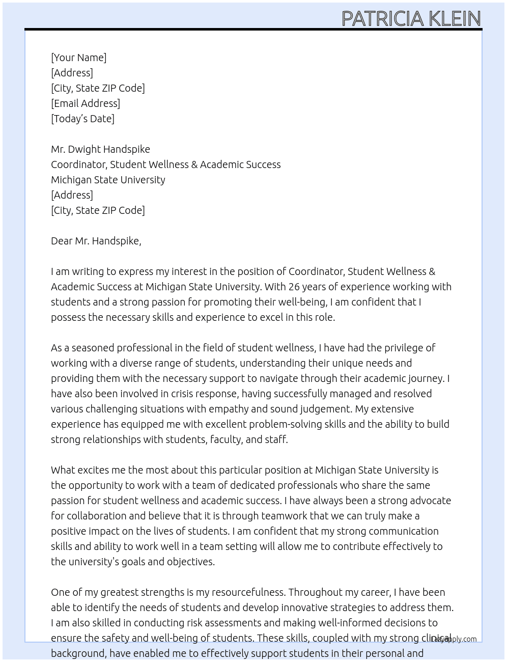 Coordinator, Student Wellness & Academic Success At Michigan State University Cover Letter