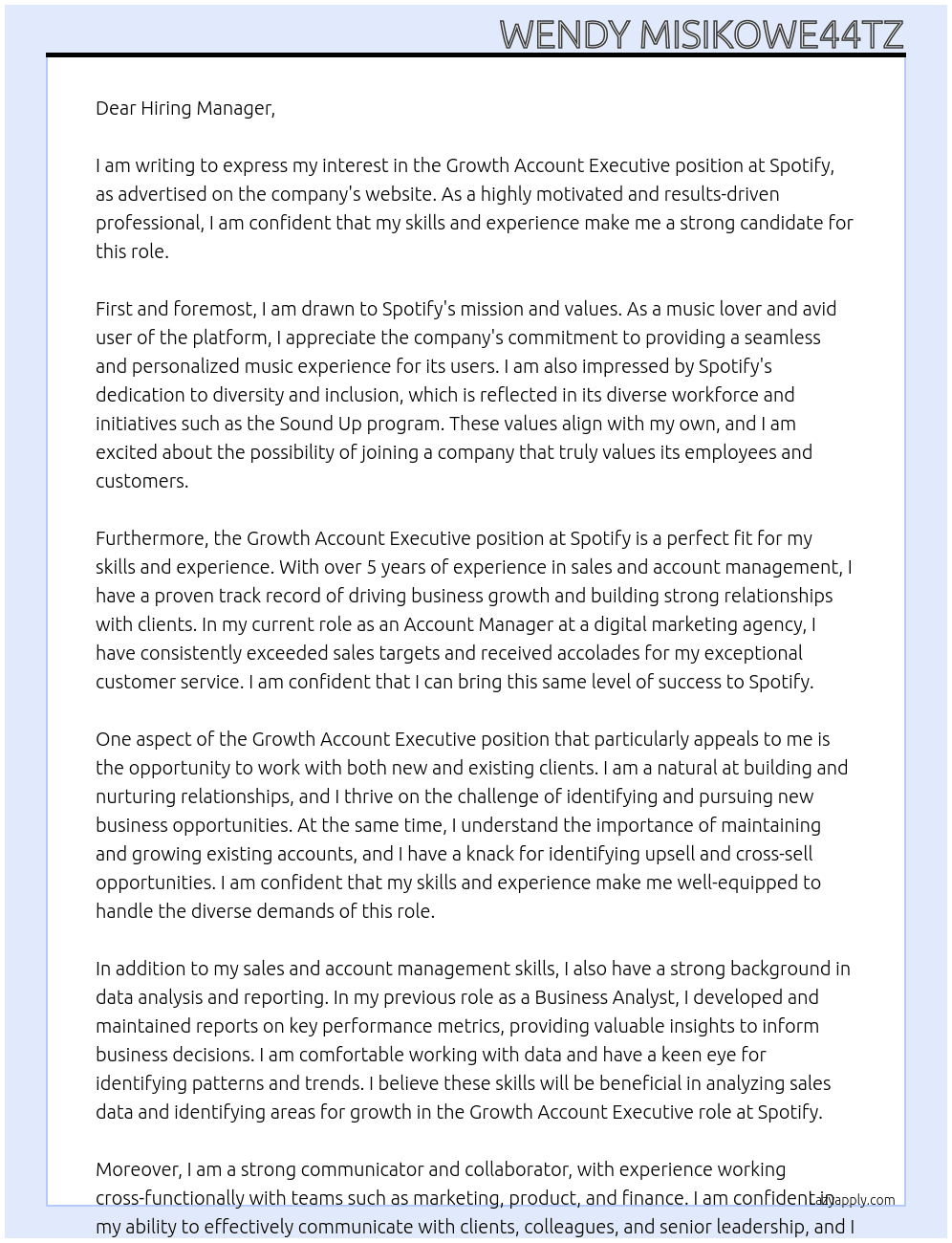 Growth Account Executive At Spotify Cover Letter