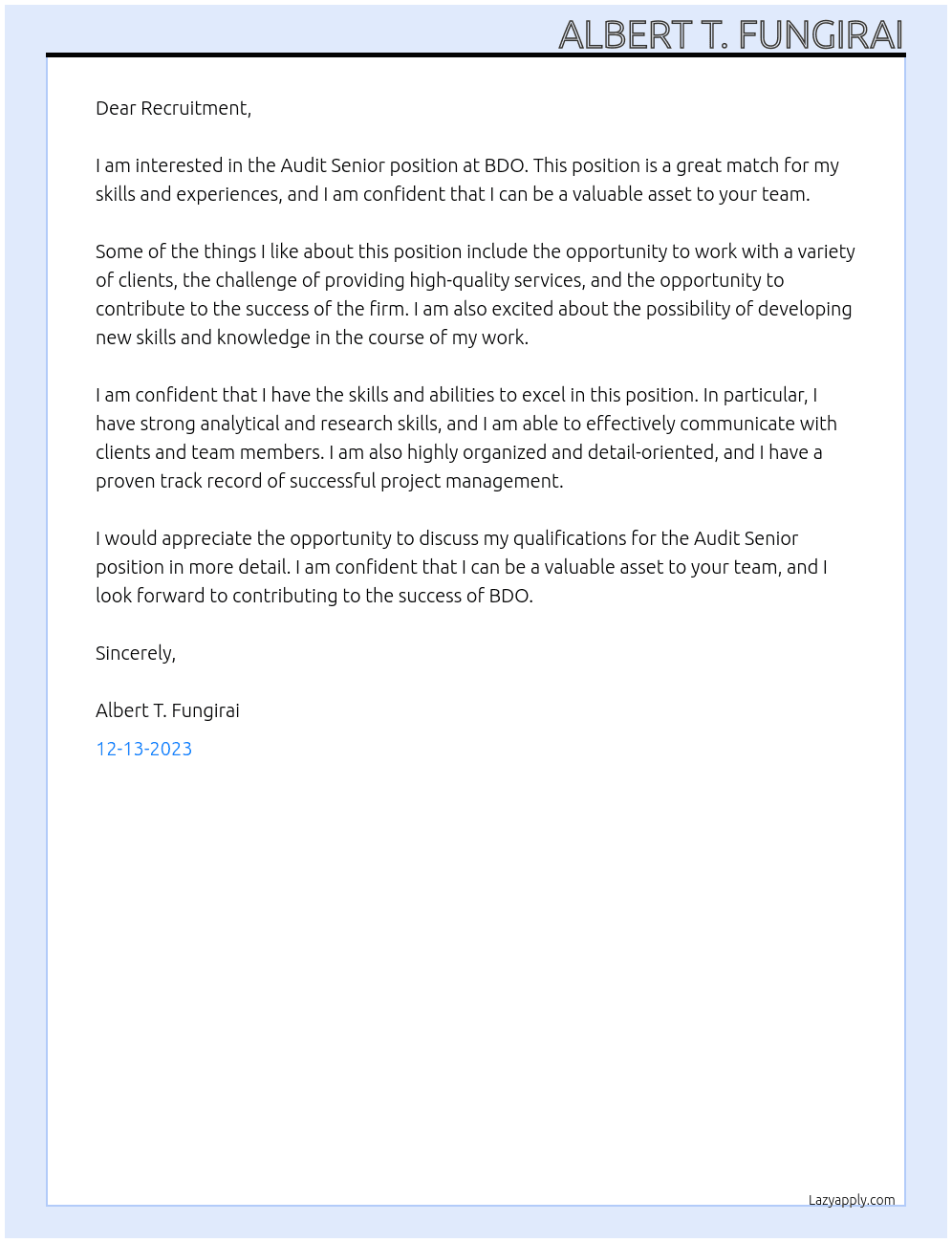 Audit Senior At BDO Cover Letter