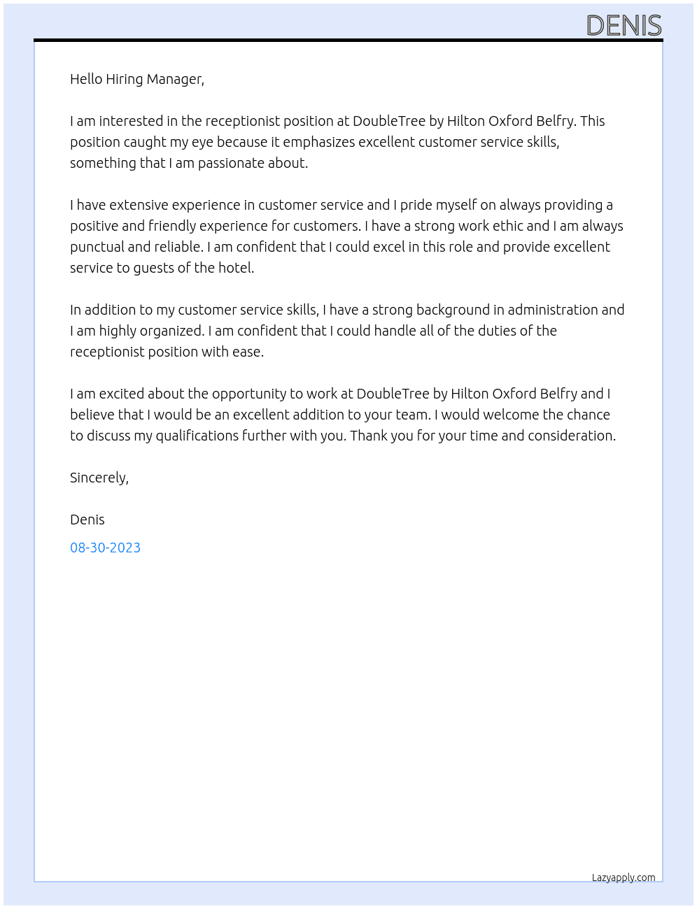Receptionist  At DoubleTree by Hilton Oxford Belfry Cover Letter