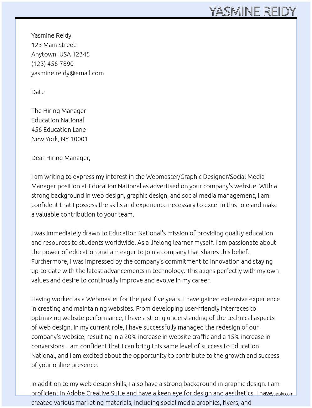 Webmaster/Graphic Designer/Social Media Manager At Education National Cover Letter