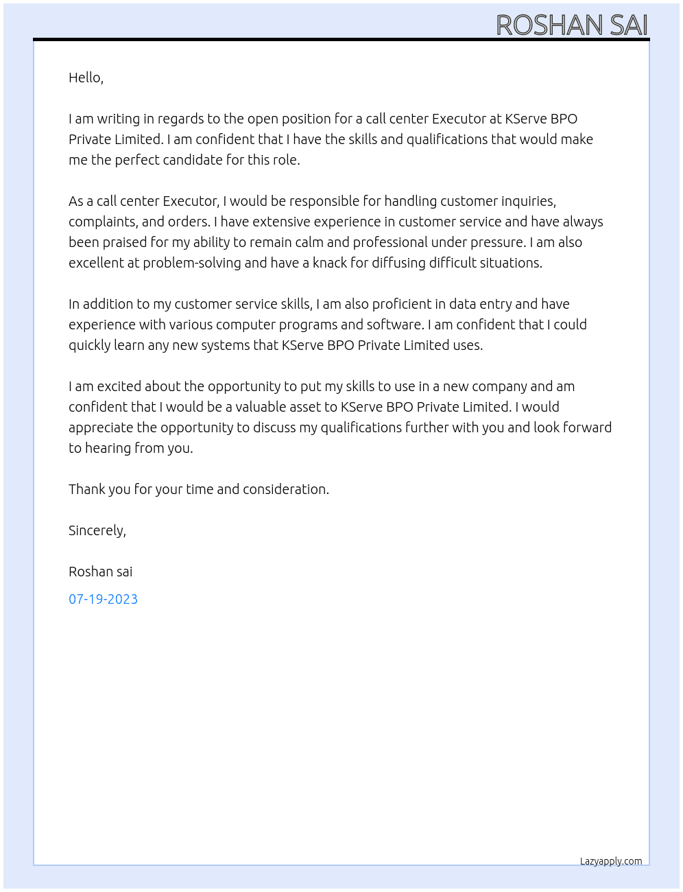 Call center  At KServe BPO Private Limited Cover Letter