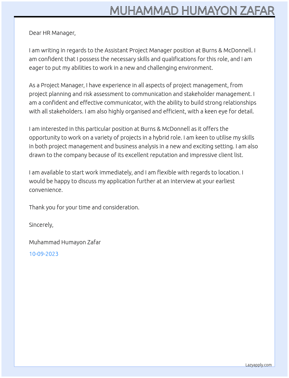 Assistant Project manager  At Burns & McDonnell  Cover Letter