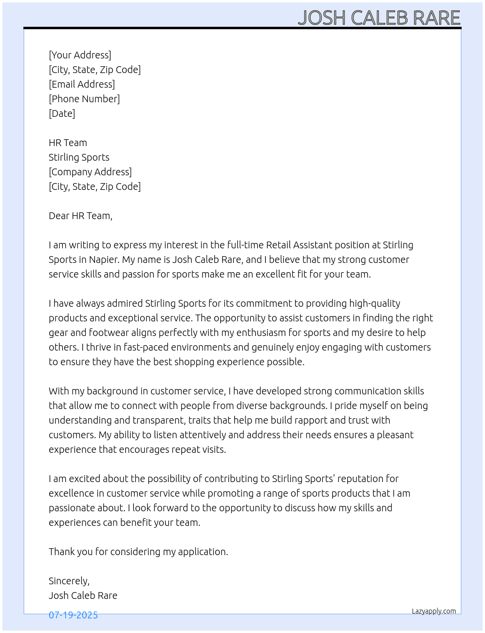 Retail Assistant  At Stirling Sports Cover Letter