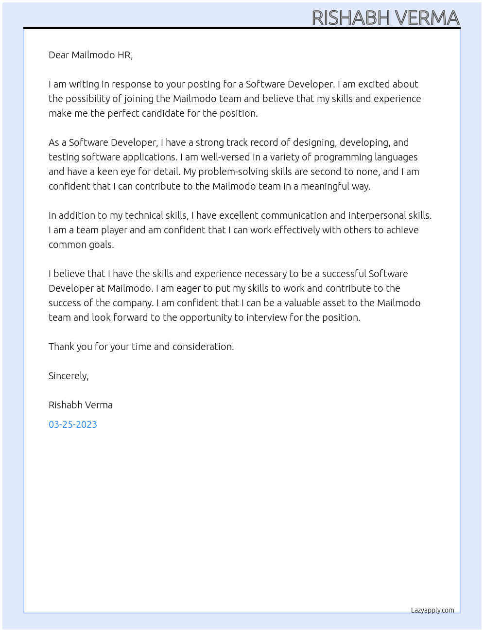 Software Developer At Mailmodo Cover Letter
