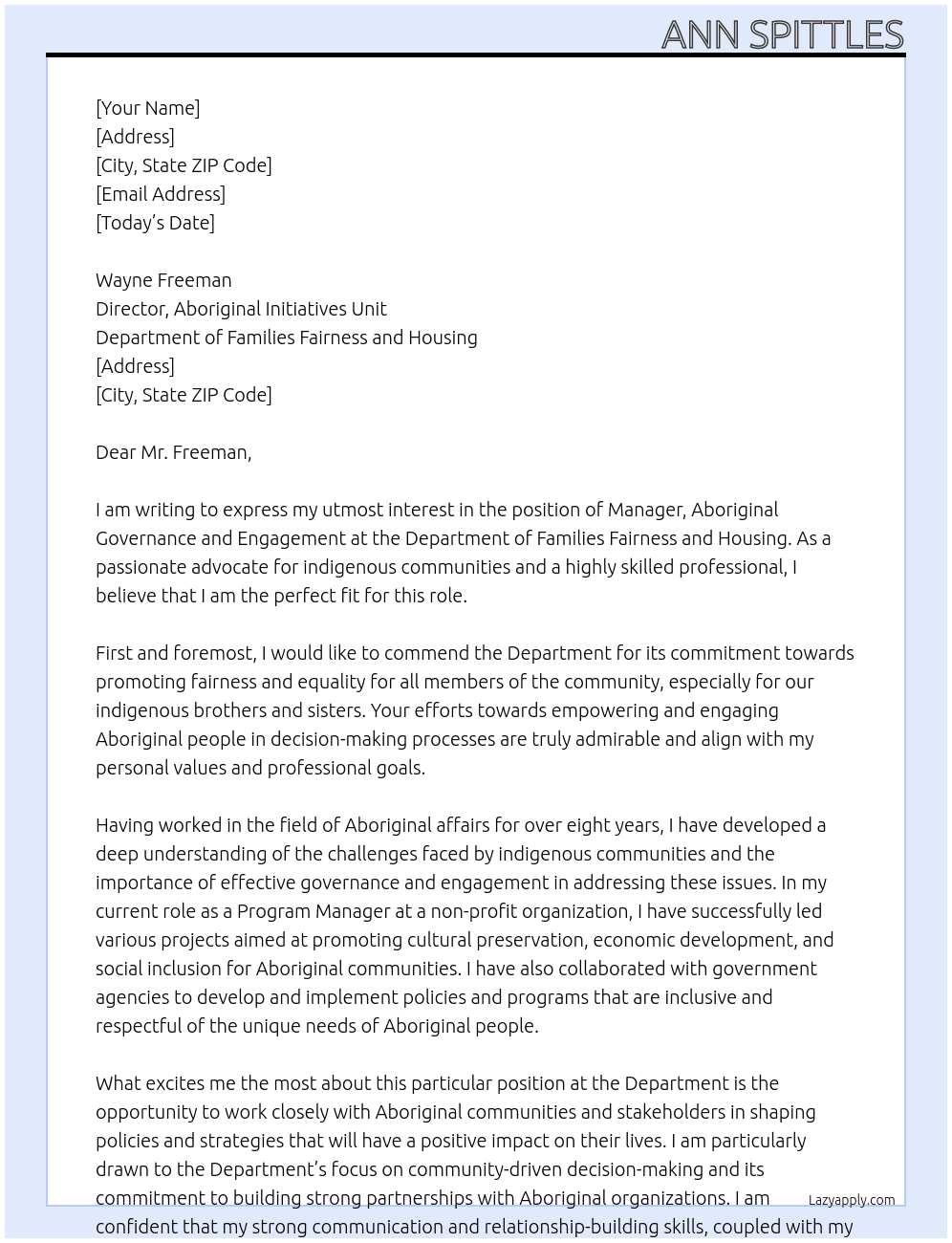 Manager, Aboriginal Governance and Engagement At Department of Families Fairness and Housing Cover Letter