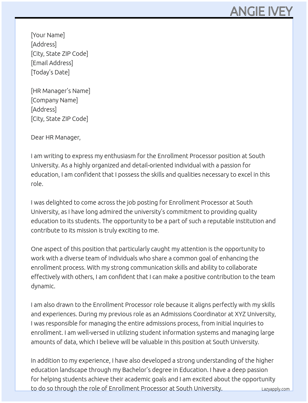Enrollment Processor At South University Cover Letter