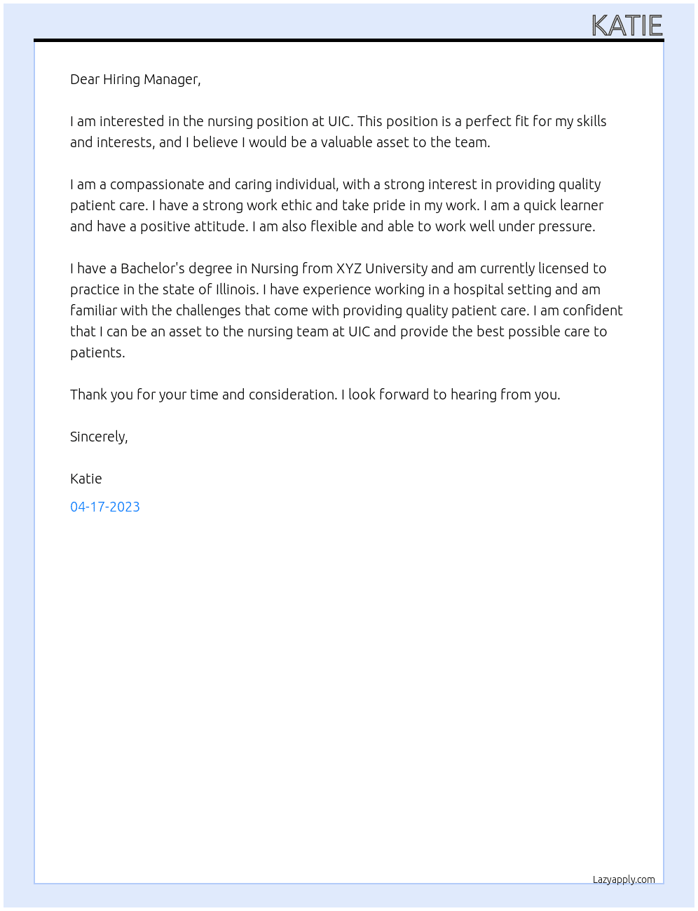 Nursing At UIC Cover Letter