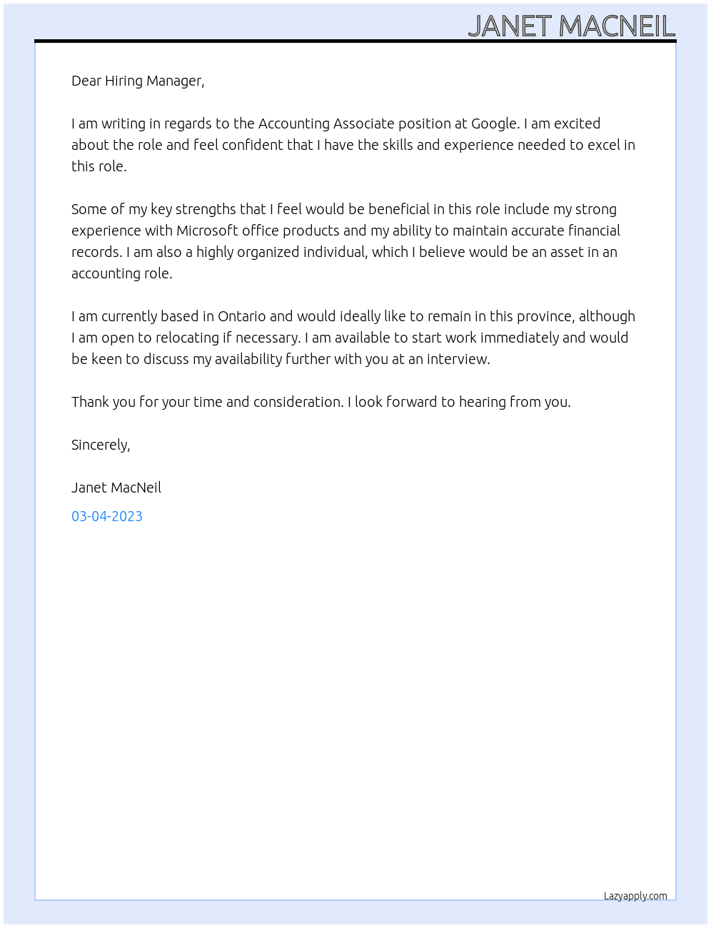 Accounting Associate At Google Cover Letter