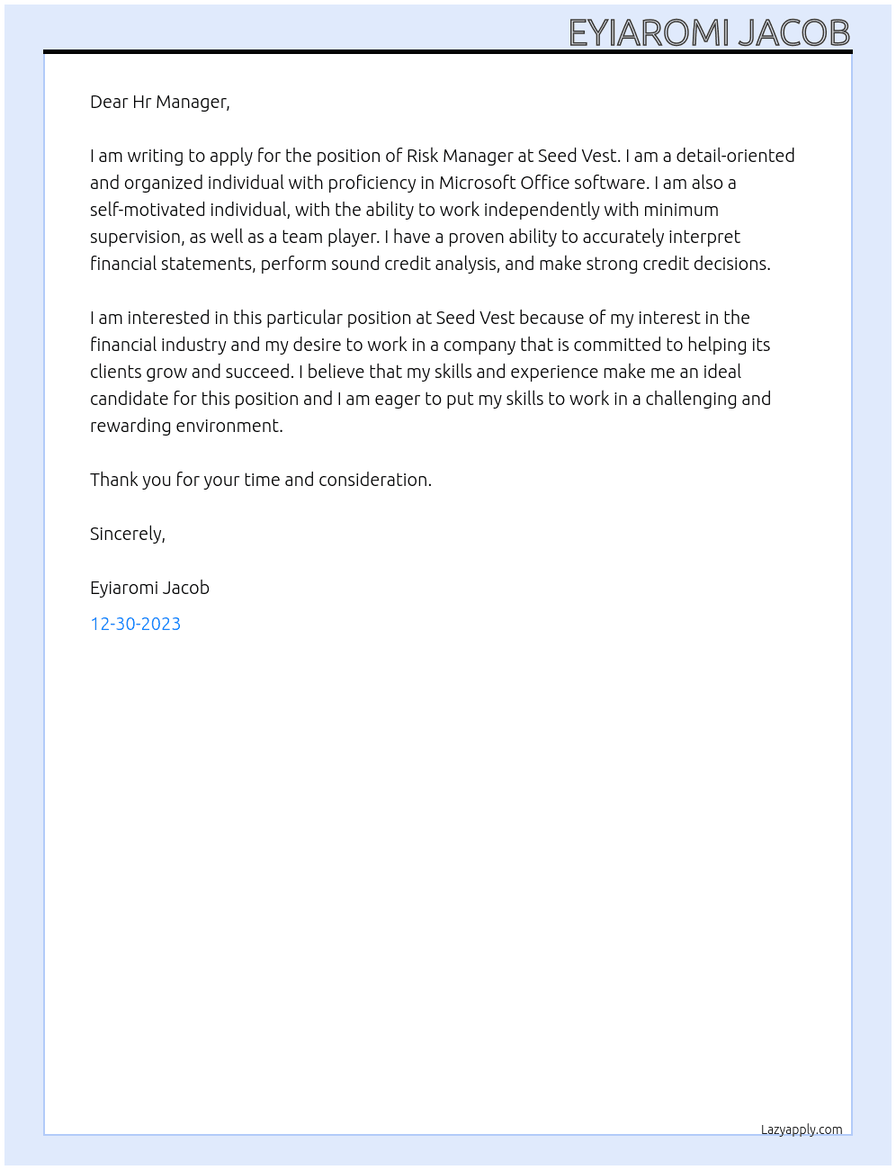 Risk Manager At Seed Vest Cover Letter