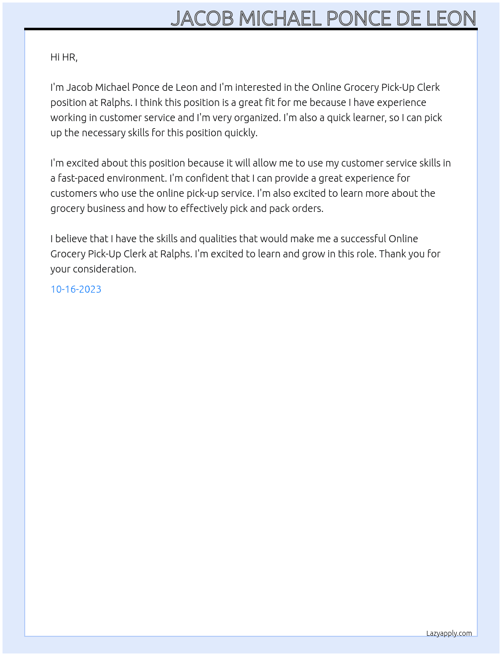 Online Grocery Pick-Up Clerk At Ralphs Cover Letter
