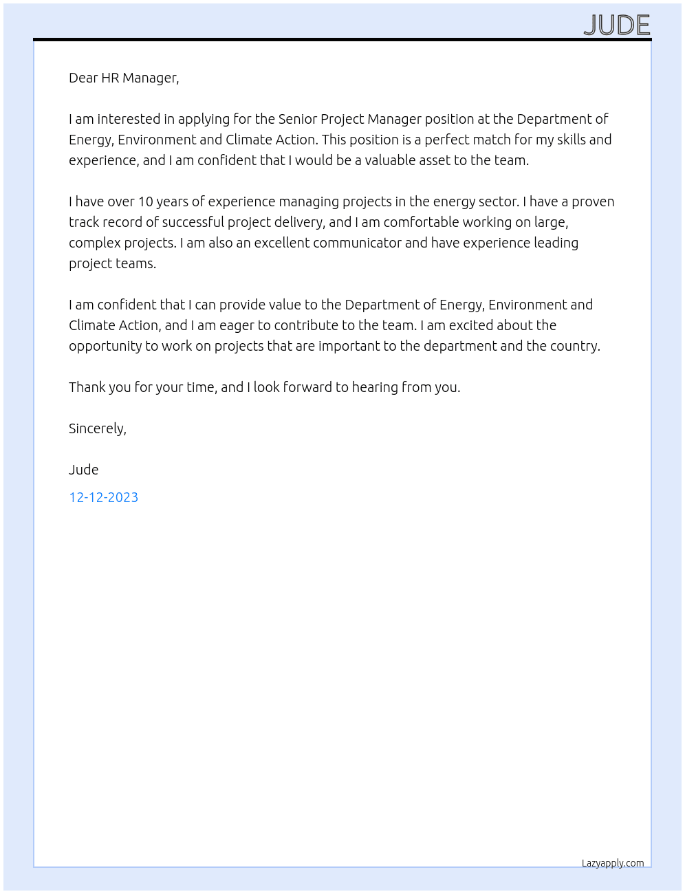Senior Project Manager At Department of Energy, Environment and Climate Action Cover Letter