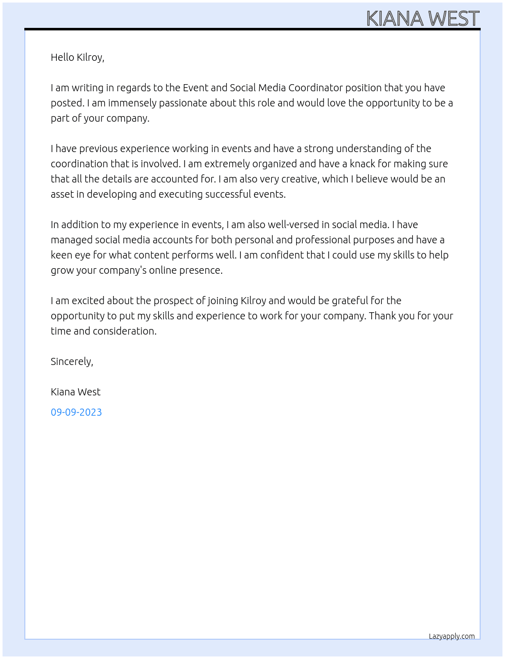 event and social media coordinator At Kilroy Cover Letter
