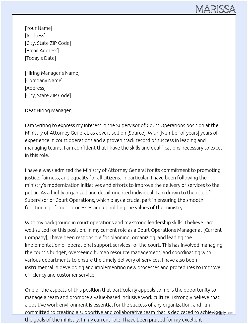 supervisor of court operations At ministry of attorney general Cover Letter