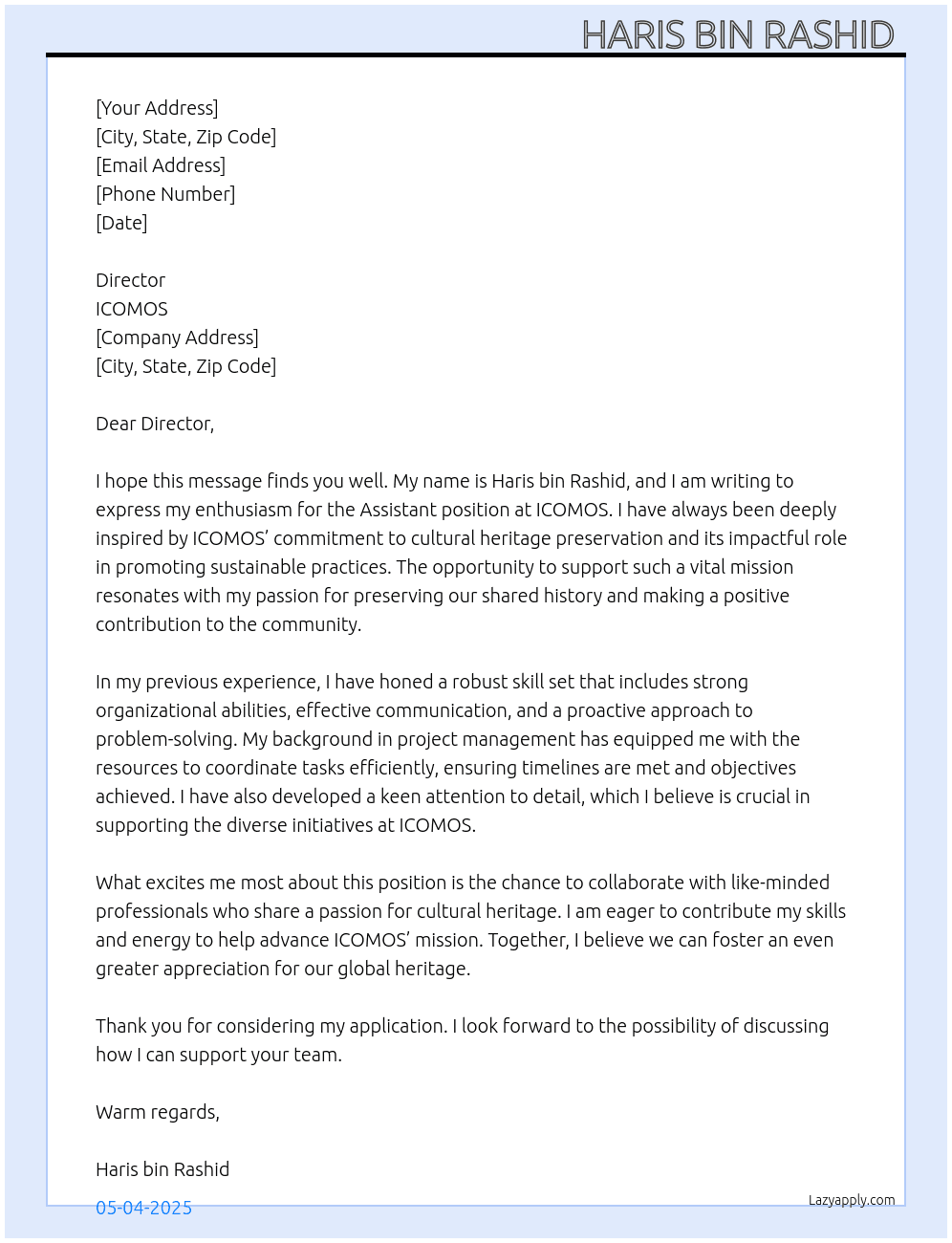 Assistant  At ICOMOS Cover Letter