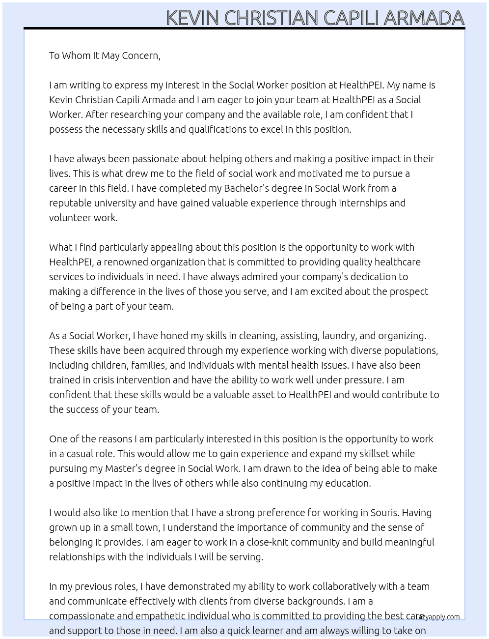 Social Worker At HealthPEI Cover Letter