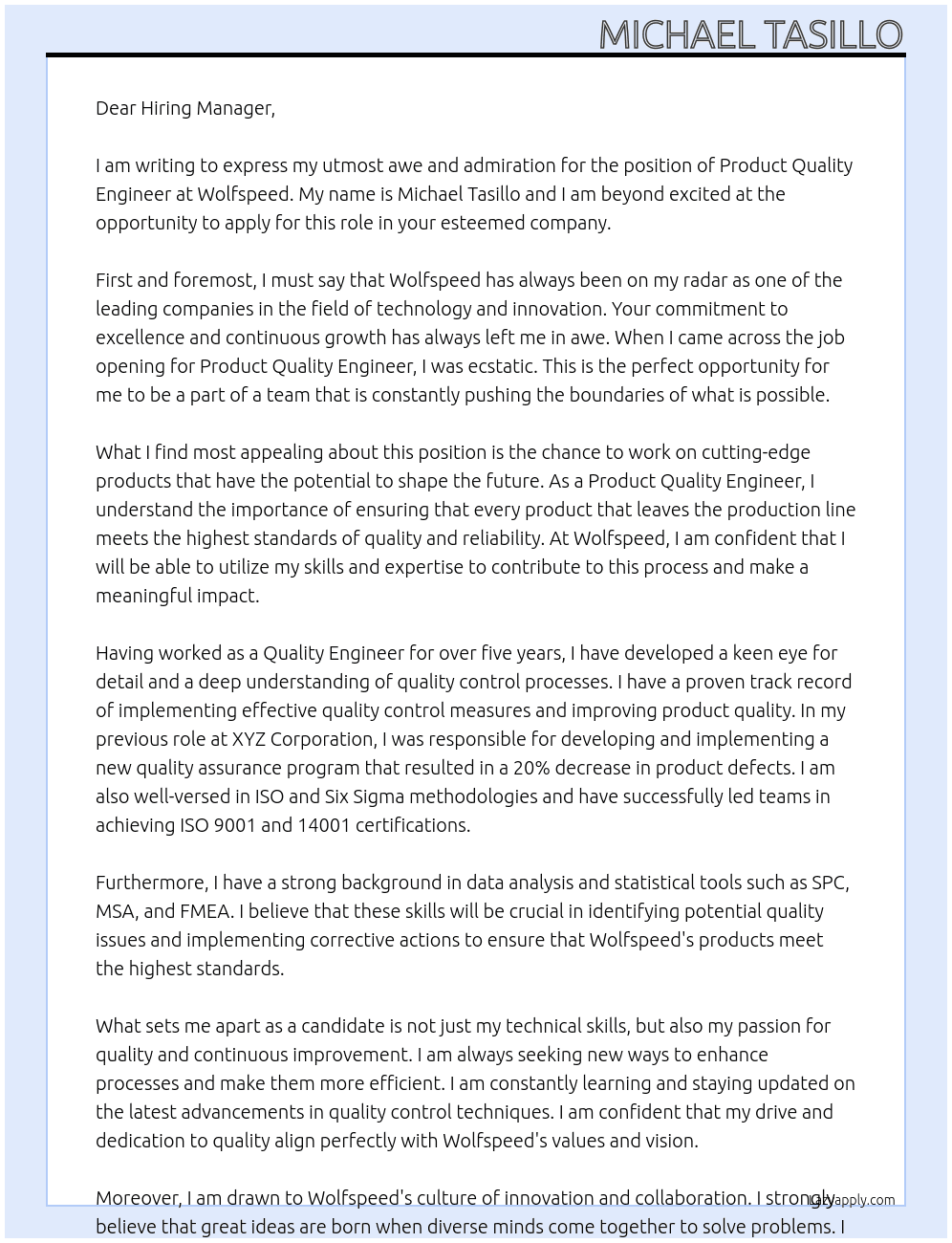 Product Quality Engineer At Wolfspeed Cover Letter