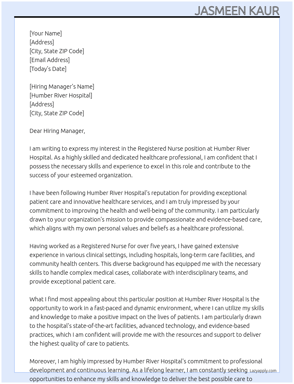Registered Nurse At Humber River Hospital Cover Letter