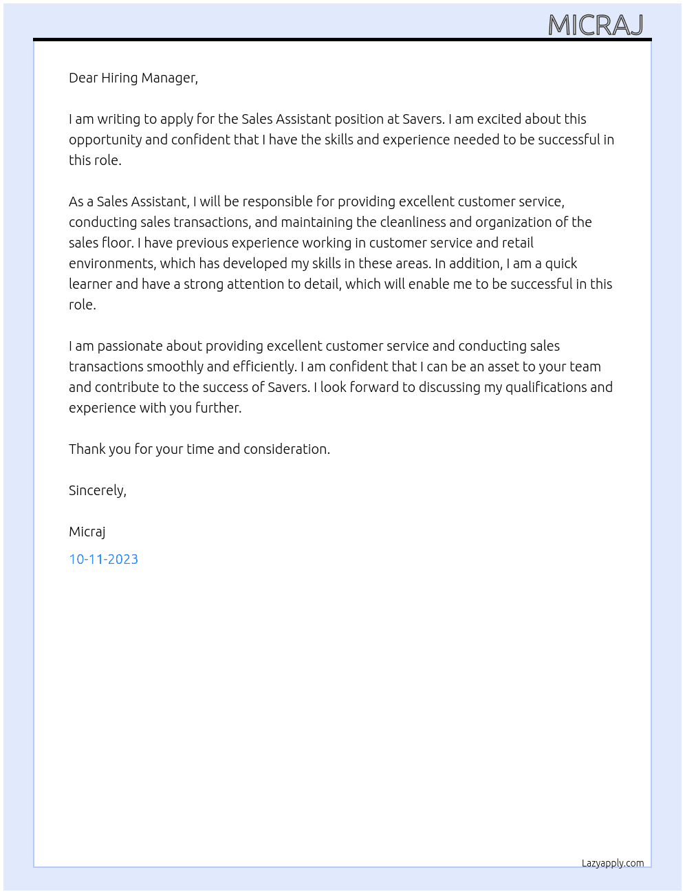 Sales assistant  At Savers  Cover Letter