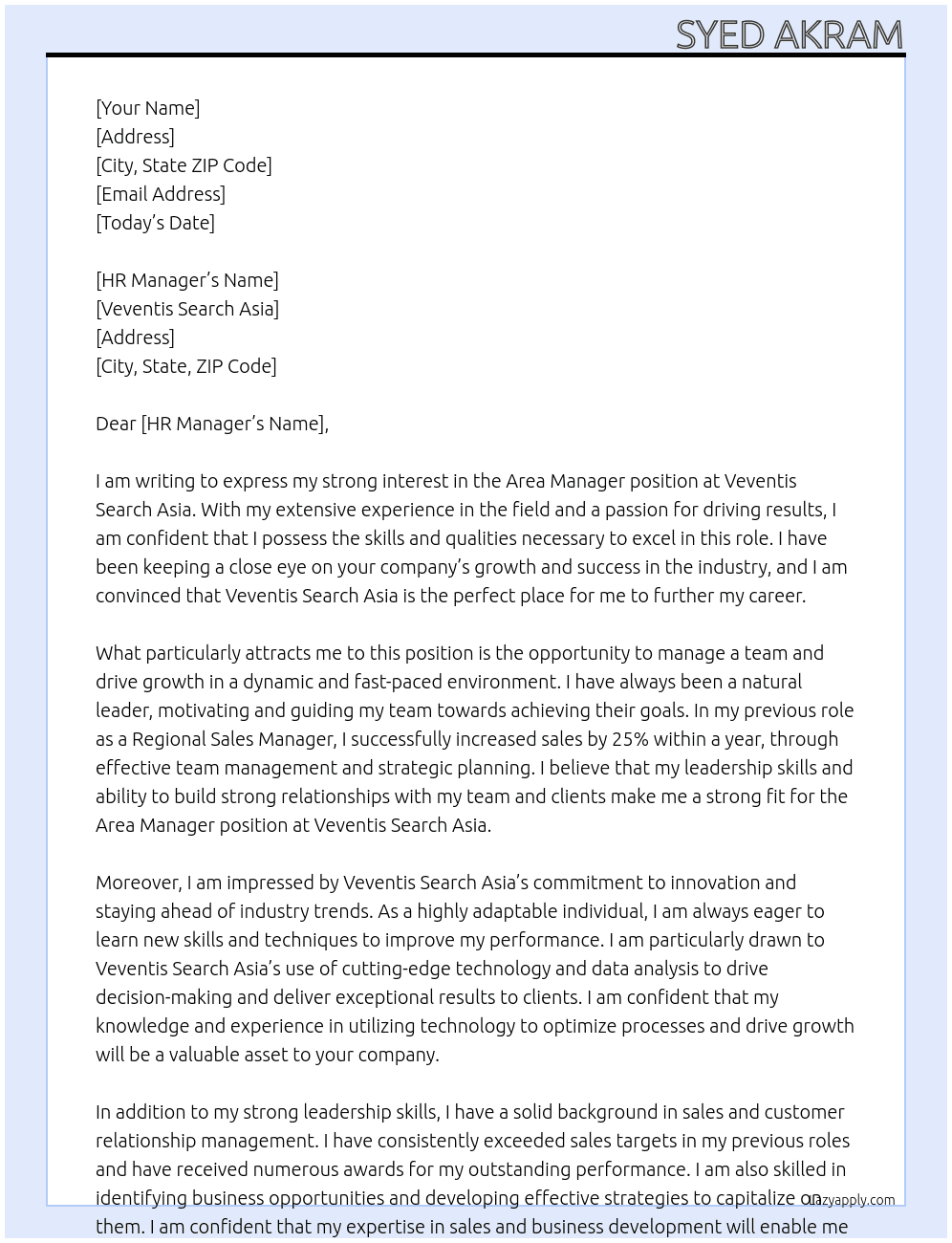 Area  manager  At Veventis search Asia  Cover Letter