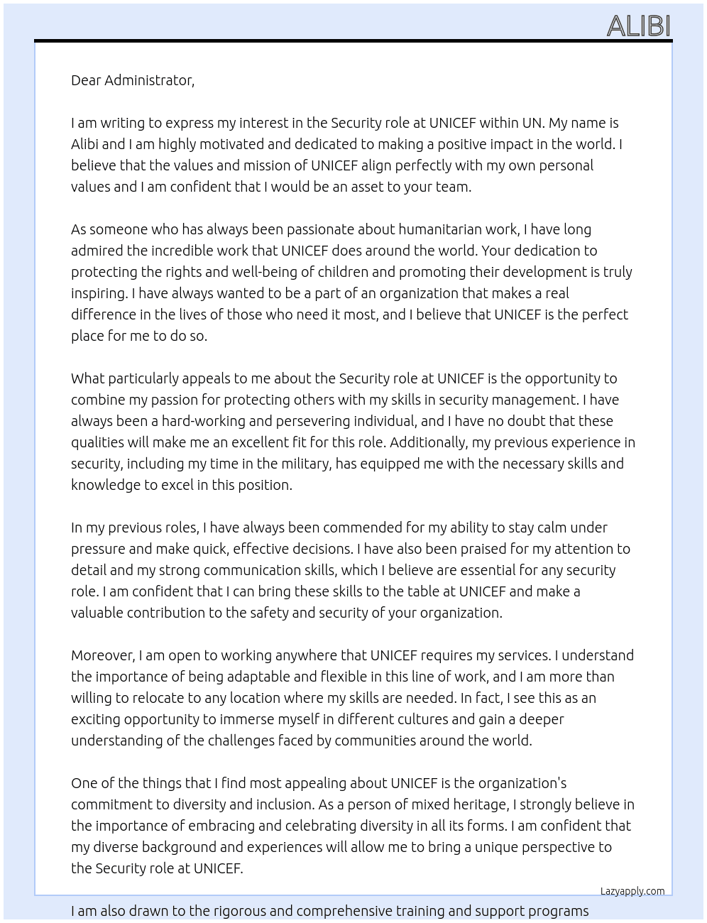 UNICEF  At UN Cover Letter