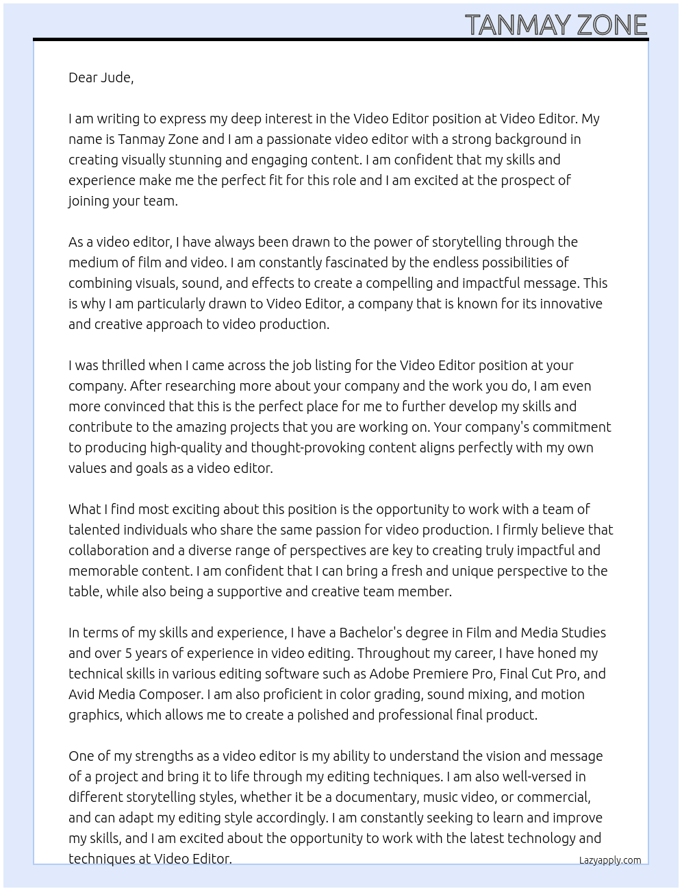 Video Editor  At Video editor Cover Letter