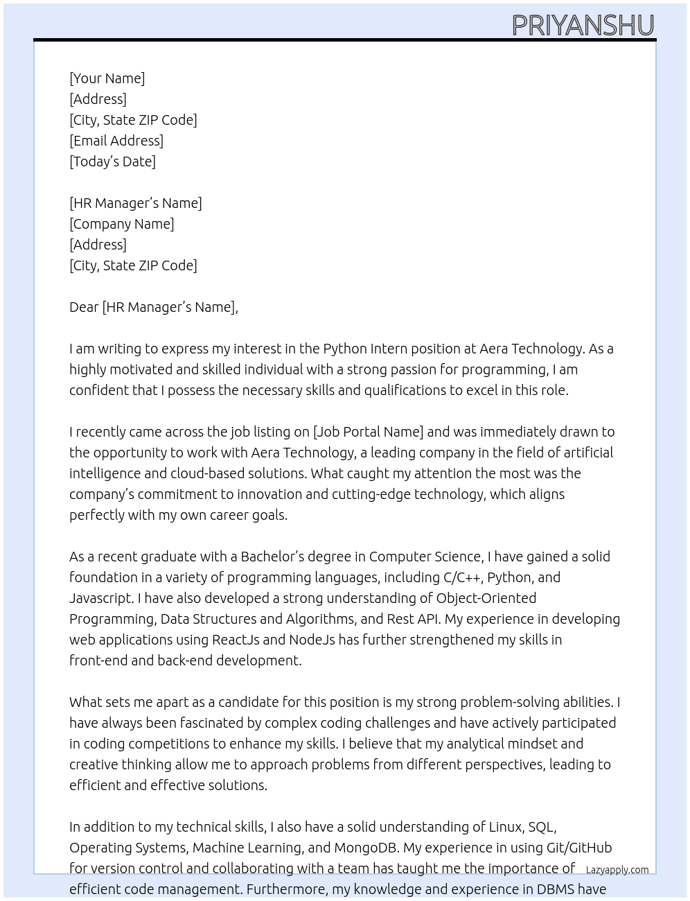 Python Intern At Aera Technology Cover Letter