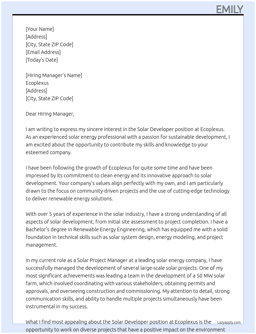 Solar Developer At Ecoplexus Cover Letter