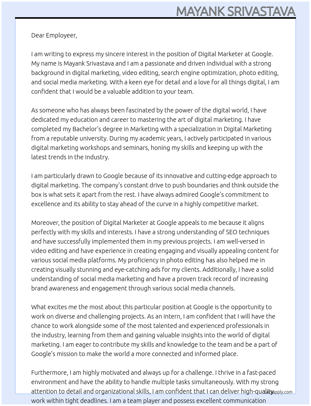 digital marketer At Google Cover Letter