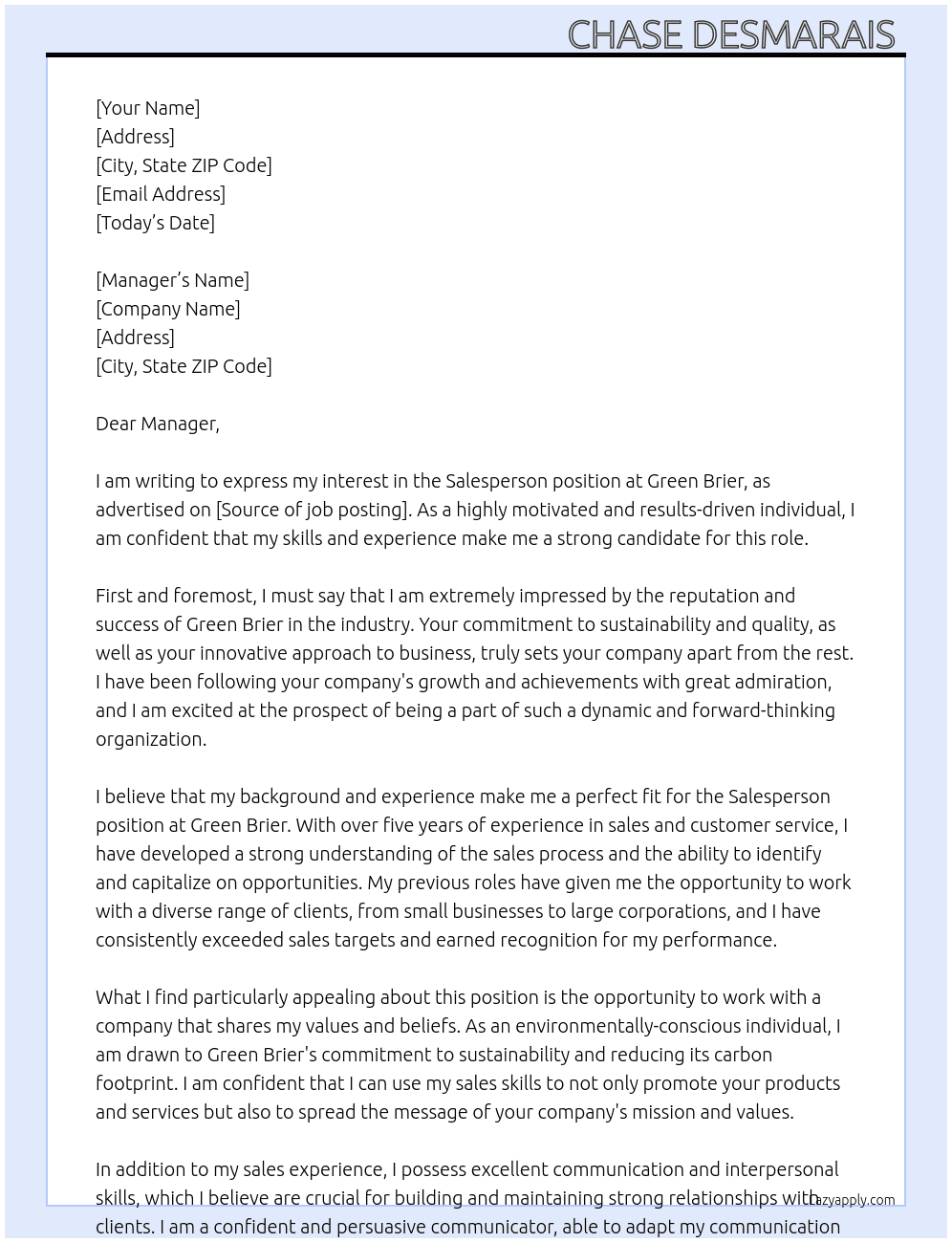 Salesperson At Green Brier  Cover Letter