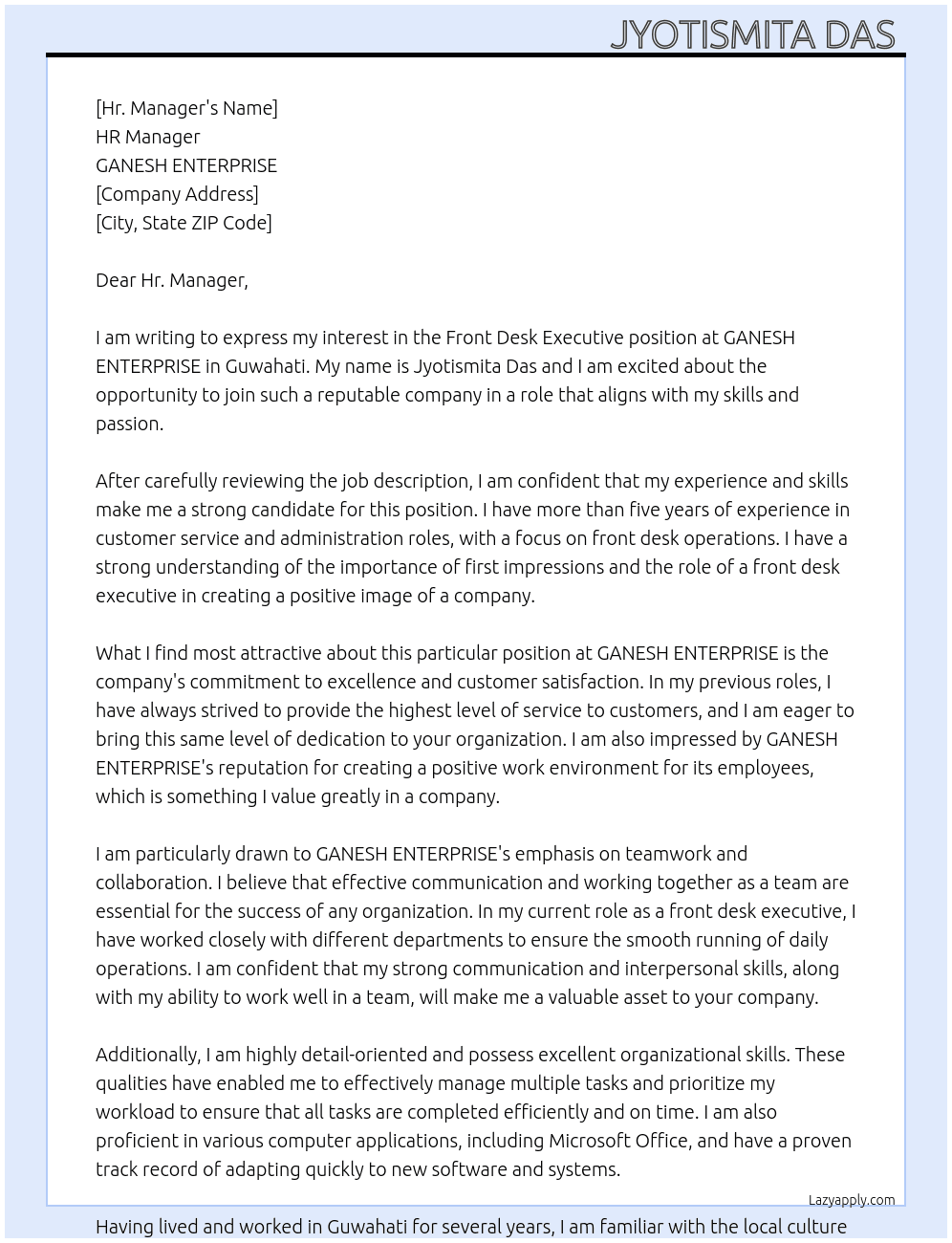 Front desk executive  At GANESH ENTERPRISE Cover Letter