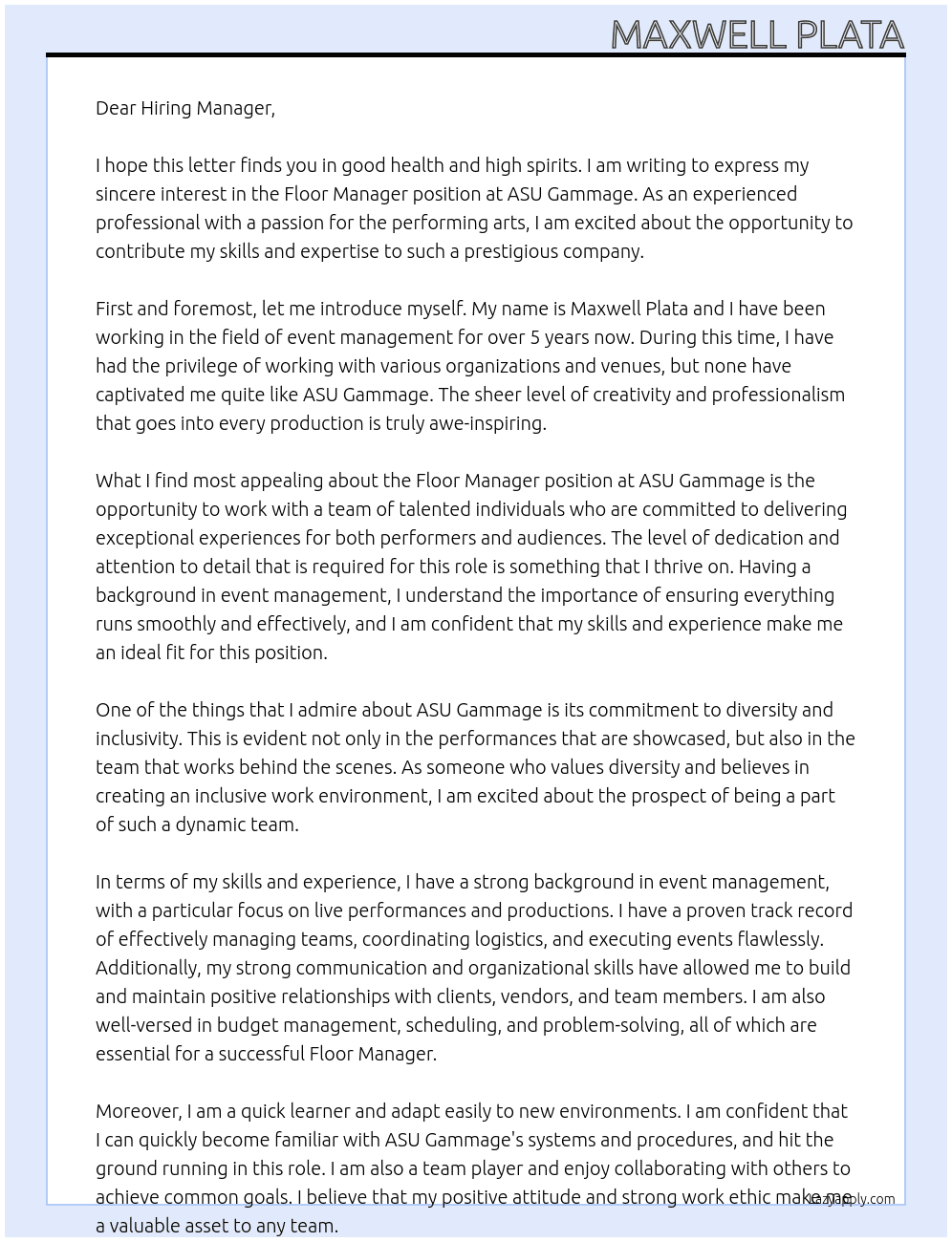 Floor Manager At ASU Gammage Cover Letter