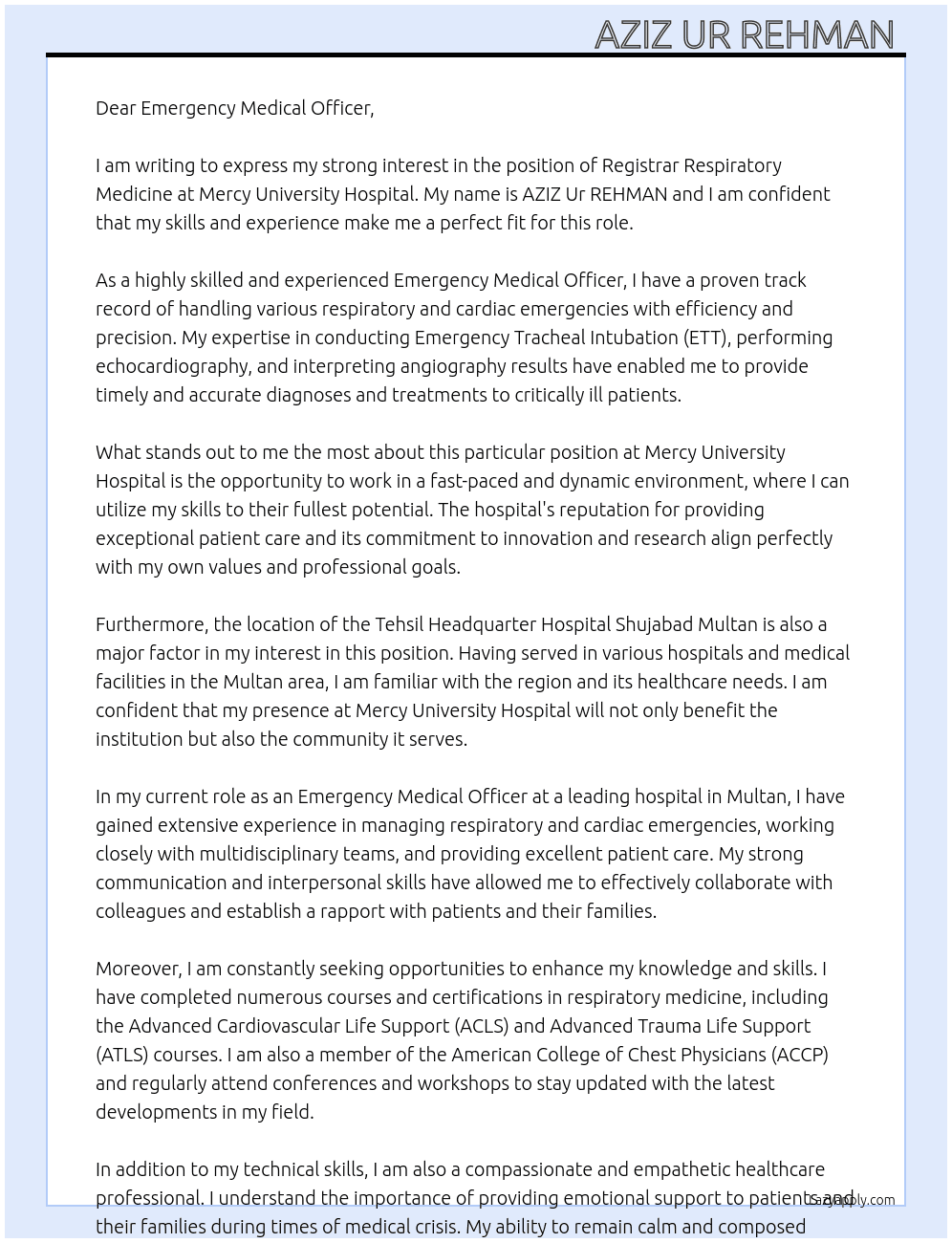 Registrar Respiratory Medicine  At Mercy University Hospital  Cover Letter